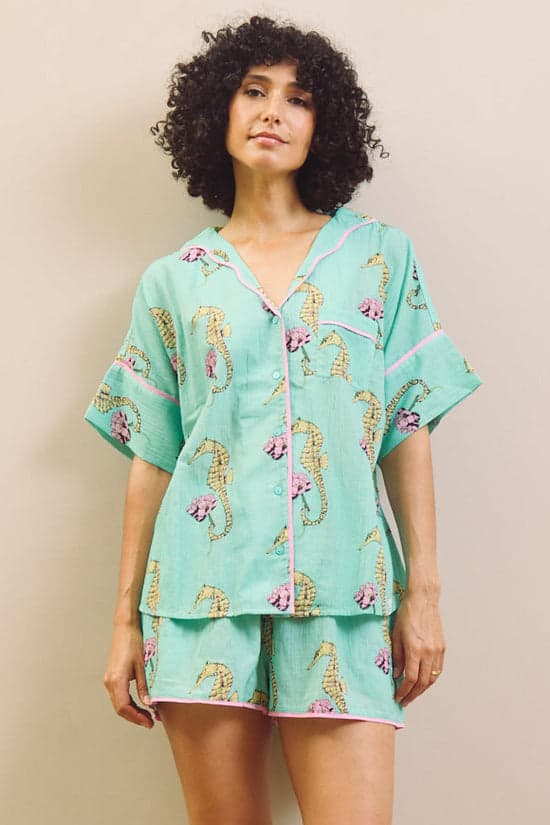 Aqua Seahorses gauze oversized shortie-pyjama